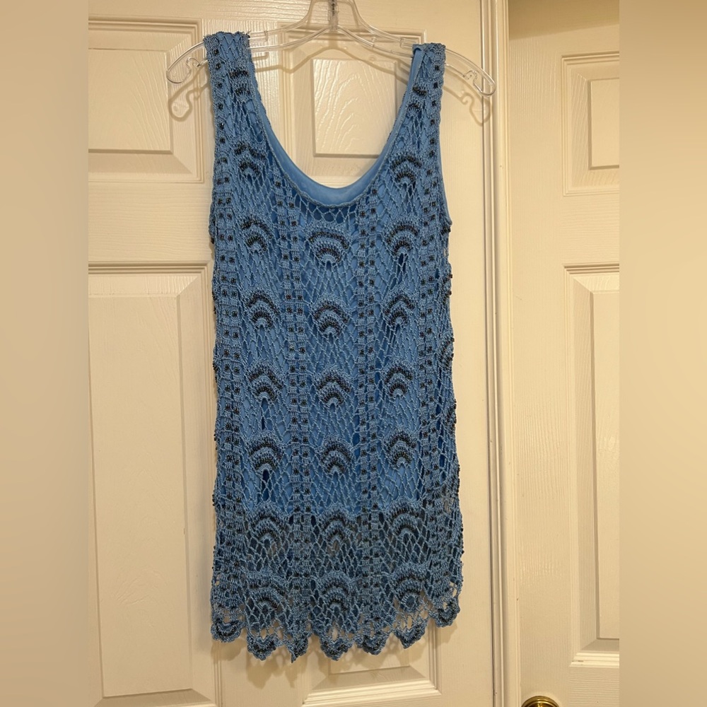 Blue Crochet beaded lined sleeves mini dress coverups small